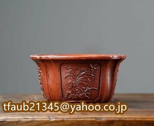 Art hand Auction Purple sand, purple mud, bonsai pot, flower pot, square pot, embossed purple mud painting, handmade, width 15.7cm x height 8.8cm, bonsai, bonsai tools, pot