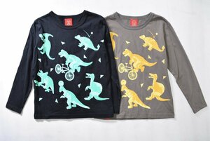 1265-23P0212★OJICO★ブラック・カーキ系 恐竜プリント コットン100% 長袖Tシャツ 10A 子供服