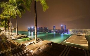 Art hand Auction Singapore Marina Bay Sands Rooftop Pool Night View Resort Painting Style Wallpaper Poster Extra Large Wide Version 921 x 576mm (Removable Sticker Type 011W1, printed matter, poster, others