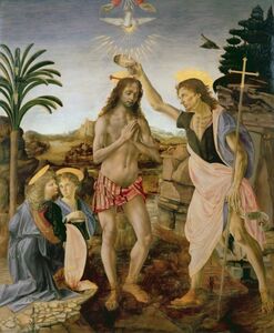 Art hand Auction [Full Size Version] Da Vinci & Verrocchio The Baptism of Christ 1475 Uffizi Gallery Wallpaper Poster 585 x 709mm Peelable Sticker 008S1, painting, oil painting, religious painting