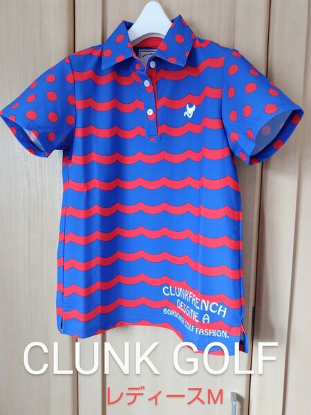 clunk レディースM クランク ゴルフ waveボーダー 半袖 ポロシャツ ブランドロゴ刺繍 日本製 正規品