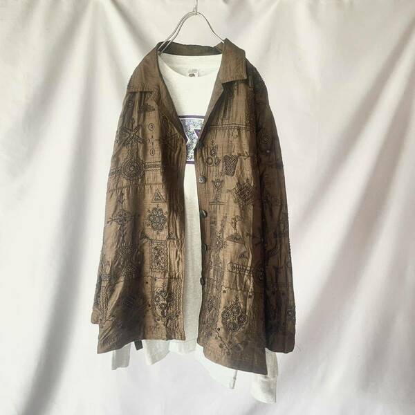 Silk 100% ブラウンシルク 黒ビーズ刺繍 ジャケット vintage