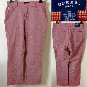 【デザイン◎ 香港製】USED GUESS jeans U.S.A. ゲス ジーンズ コットンポリ ストレッチ ギンガムチェック 5P パンツ W32 レッド×ホワイト