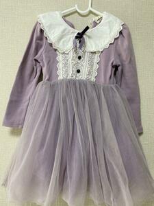F9068 キッズドレス　子供　紫　レース　ワンピース　丸いネック　長袖