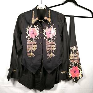 VIVAYOU long sleeve shirt the best necktie set size M Vintage piling put on rose rose pattern black Vivayou 