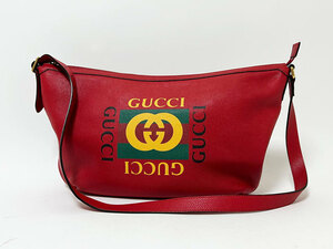 送料無料 GUCCI グッチ ハーフムーン ホーボー ショルダーバッグ 斜め掛け プリント レザー レッド 523588 中古