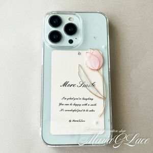 Art hand Auction [mariaglace] iPhone15plus Чехол для смартфона «Тюльпан» Деко Прозрачный чехол с цветочным камнем и жемчугом Ручная работа Смола Блестящий милый, аксессуары, Случай, Трудный случай