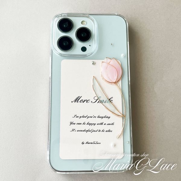 [mariaglace] iPhone11promax 郁金香智能手机壳 透明壳 花 石 珍珠 手工树脂 闪亮 可爱, 配件, 案件, 硬盒