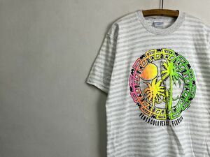 デッドストック品USA製90sビンテージPREMIER SPORTSWEAR半袖クルーネックボーダープリントTシャツLグレー系100綿アメカジストリートnr23994