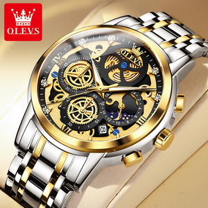 【シルバー ゴールド ブラック】メンズ高品質腕時計 海外人気ブランド Olevs クロノグラフ スケルトン 防水 クォーツ式