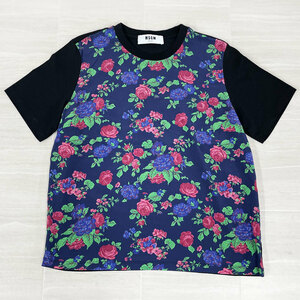 【N B51】中古　MSGM/エムエスジーエム　フラワープリント 異素材切り替え Tシャツ　2142MDM162Y　イタリア製　ブラック　レディース L