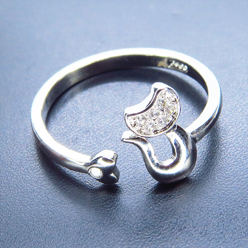 Ring für Erwachsene mit süßem Katzensilhouette-Motiv, Zirkonia, Silber 925PLD, Einheitsgröße, Handgefertigt, Accessoires (für Damen), Andere