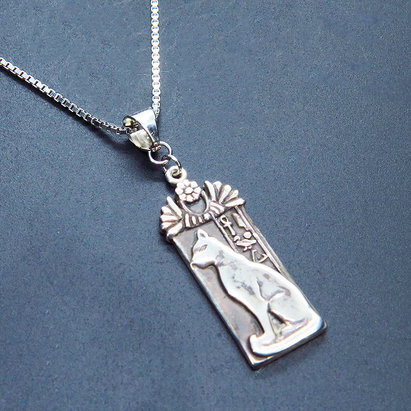 925 Silver Cat Goddess Bastet Ancient Egyptian Tag Plate Necklace Oriental Cat Necklace, Handmade, Accessories (for women), necklace, pendant, choker