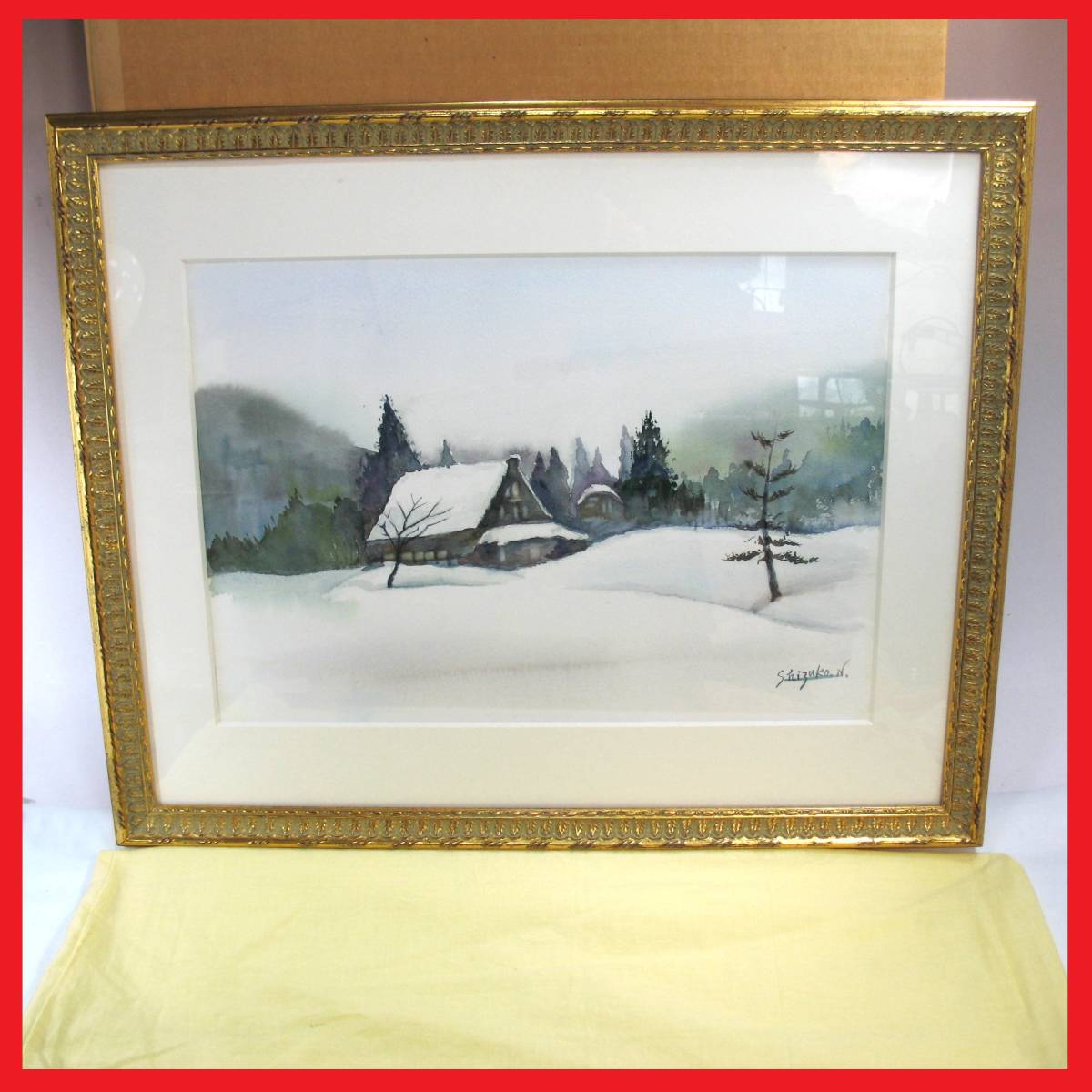 Free shipping! Pastel painting by Shizuko Naoe Hand-drawn painting Snow scene, Thatched house, Rural house, Japanese winter scene, Golden frame, Nostalgic scenery, Authentic painting (red frame), artwork, painting, pastel painting, crayon drawing