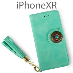 iPhoneXR ケース 手帳型 おしゃれ iPhone XR カバー 鏡付 ストラップ付 かわいい アイフォンXR かがみ グリーン 緑 コンチョ 送料無料 安い