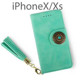 iPhoneXs ケース 手帳型 おしゃれ iPhoneX カバー iPhone X 鏡付 ストラップ付 アイフォンXs かがみ グリーン 緑 コンチョ 送料無料 安い