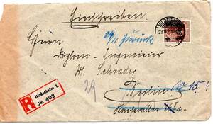 〒【TCE】69932 - ドイツ・１９２１年・ゲルマニア・書留封書、訪ね当たらないため差出人戻し