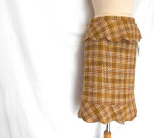未使用 新品 送料込み！ ANNA MOLINARI アンナモリナーリ ベージュ チェック 柄 ウール ツイード へプラム スカート ( イタリア製 毛100％