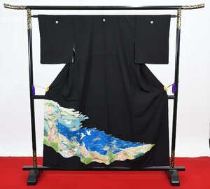 黒留袖 下り藤 結婚式 五つ紋 家紋 風景 船 リメイク素材 身丈150cm 裄丈61cm ★着物 e-681 桜庭呉服店