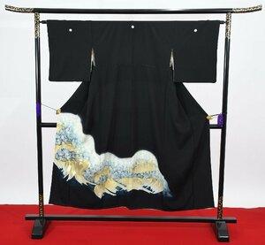 黒留袖 結婚式 豪華絢爛金彩 本金糸 波 五つ紋 家紋 身丈142cm 裄丈62cm ★着物 e-700 桜庭呉服店