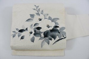 名古屋帯 髭紬 手描き 毛紬 椿 花 リメイク素材 峰仙 帯丈362cm ★着物屋 ne-4830 桜庭呉服店