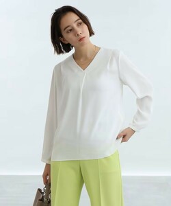 INDIVI 昨季美品 ホワイト系 七分袖Vネックシフォンブラウス 大きいサイズ 42 12号 13号 LL XL インディヴィ スーツインナー