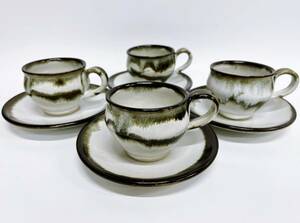 陶器製 コーヒーカップ4客セット カップ ソーサー コーヒーカップ ティーカップ 食器 茶器 黒縁 緑 グリーン 陶器 