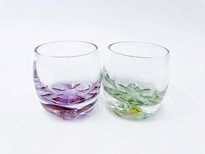 ガラス製 グラス2客セット ペアグラス 硝子 ガラス ガラス工芸 グラス カップ 緑 紫 ミニグラス 食器 カラーガラス ぐいみ 冷酒グラス