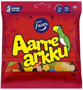 Fazer Aarrearkku ファッツェル アーレアック 宝箱 フルーツ＆サルミアッキ グミ 4袋×280g フィンランドのお菓子です