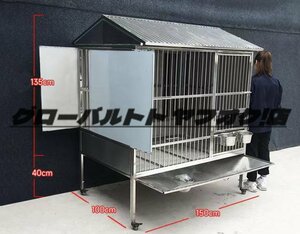 実用 ステンレススチール製 犬用 ケージ 屋外防雨 断熱 トイレ トレイ ユニバーサルホイール 中型犬用 耐荷重500kg 150*100*183cm S1256