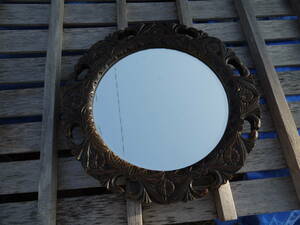 【3SEP24 O】鏡 木製フレーム 木彫り 彫刻 壁掛け 直径41.5cm ウォールミラー昭和レトロ アンティーク インテリア