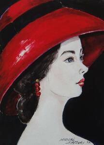 「赤い帽子」、五月 みどり、希少画集・額装画、日本製新品額縁、状態良好、送料無料