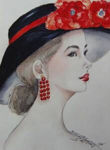 「帽子の女」、五月 みどり、希少画集・額装画、日本製新品額縁、状態良好、送料無料