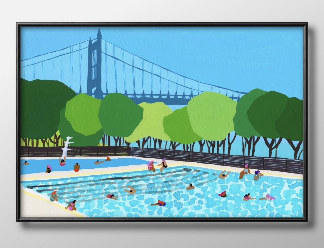 14010■Free shipping!! Art poster painting A3 size Pool Urban Side Summer illustration Nordic matte paper, Housing, interior, others