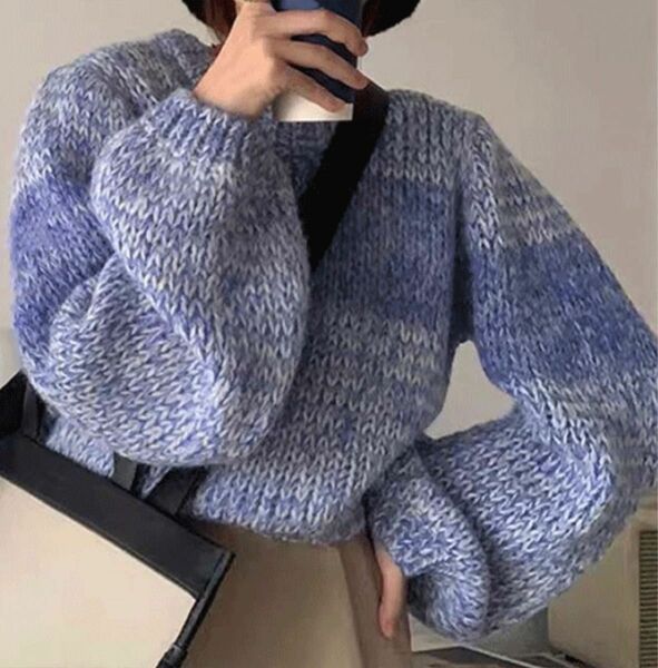 【新品】レディース　ニット　セーター　ブルー　　ボーダー　Mサイズ　韓国　韓国ファッション