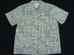 未使用[NuiNaluヌイナル]ハワイ製半袖リバースプリントシャツL(XL)茶x緑ウッドカット総柄