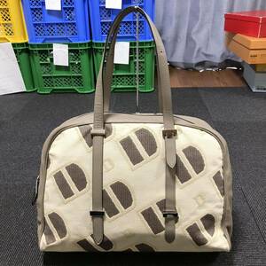 【デルヴォー】本物DELVAUX ボストンバッグ D柄 トートバッグ ショルダーバッグ グレー×ベージュ レザー×キャンバス メンズ レディース