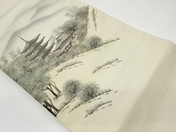 ys5945247; Obi de Nagoya con patrón de paisaje de templo y cordillera dibujado a mano [reciclado] [portable], banda, Nagoya Obi, Confeccionado