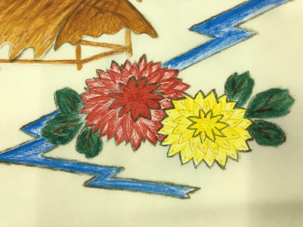 ys6535971; Patrón de crisantemo/casa/pino pintado a mano Nagoya obi [antiguo] [usando], banda, Obi de Nagoya, A medida