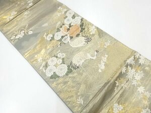 ys6061706; 弐拾四金二重織流水に鶴・草花模様織出し袋帯【リサイクル】【着】