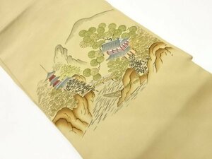 Art hand Auction ys6401377; Hand-drawn mountain range, bridge, boat, tower, landscape pattern Nagoya obi [recycled] [wearable], band, Nagoya Obi, Ready-made