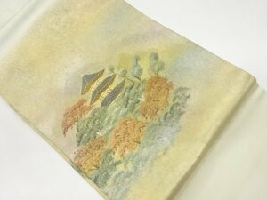 Art hand Auction ys6327584; 금색 손으로 그린 먼 산이 있는 나고야 오비, 탑과 나무 패턴 [재활용] [웨어러블], 밴드, 나고야 오비, 기성품