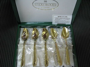  Lucky wood * cake spoon 5 pcs set *18-10 stainless steel * unused storage goods gold finishing Gold plate 