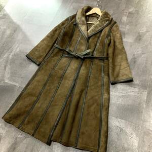 P ☆ 高級ラグジュアリー服 'スペイン製' LOEWE ロエベ リアルムートン ロングコート 裏地ボア 腰巻ベルト size:L レディース アウター BRN