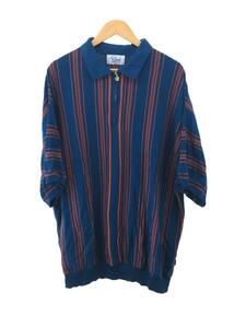 Keboz◆ニットポロシャツ/XL/コットン/ブルー/オレンジ/ストライプ/半袖ニットシャツ/ハーフジップ