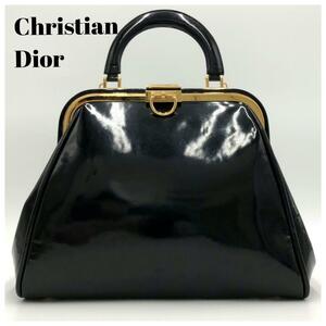 【極美品・入手困難】クリスチャンディオール Christian Dior エナメル がま口 ハンドバッグ レザー トップハンドル ブラック ゴールド金具