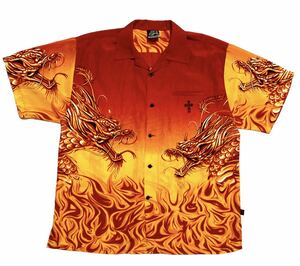 90s DOG TOWN Dragon Fire pattern 開襟シャツ / vetera 柄シャツ 半袖シャツ ファイヤーパターン　ドラゴン　スケーター　ドッグタウン