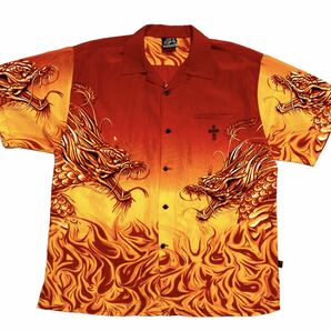 90s DOG TOWN Dragon Fire pattern 開襟シャツ / vetera 柄シャツ 半袖シャツ ファイヤーパターン　ドラゴン　スケーター　ドッグタウン