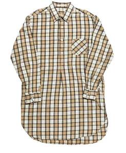 90s グランパシャツ / vetera チェックシャツ シャツワンピース ドイツ製 チェック ビンテージ古着　総柄シャツ　ブラウン　ベージュ