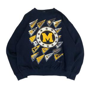 【XL】USA 古着 90s USA製 MICHIGAN WOLVERINES ミシガン カレッジ 90年代 大判プリント スウェット トレーナー クルーネック ネイビー